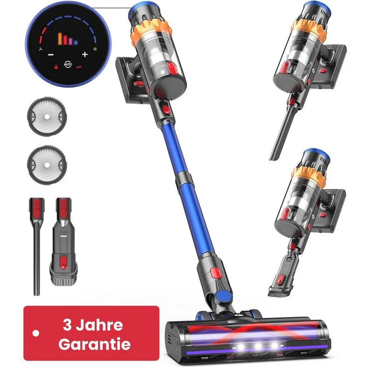 MIBODE Akku-Stielstaubsauger 550 W, beutellos, 45 kPa, 65 Min Laufzeit, bürstenloser Motor, flexible Bodendüse mit LED-Leuchten