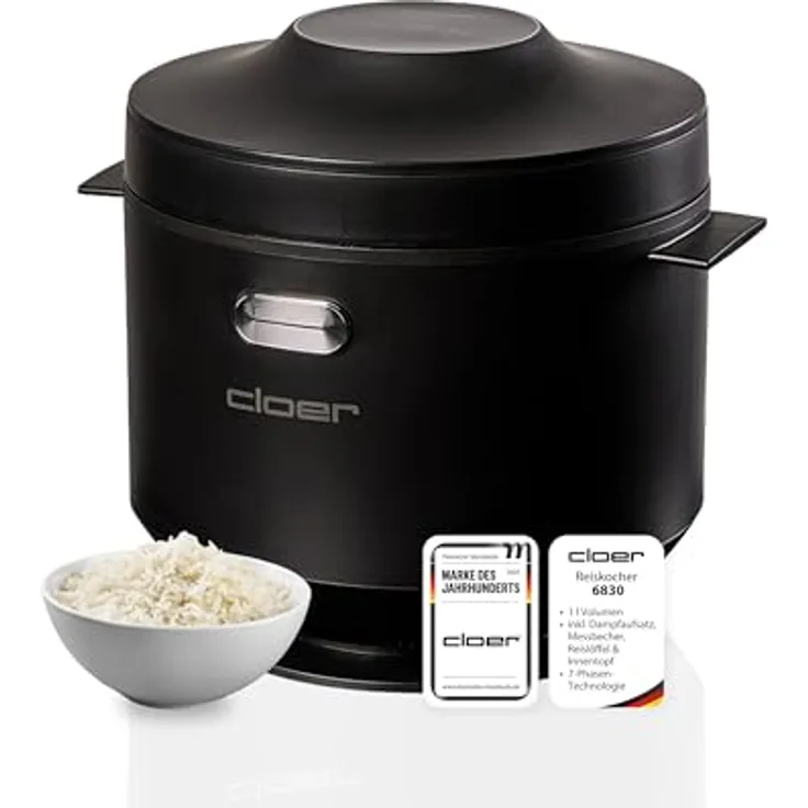 Cloer 6830 Reiskocher, 1 l mit Dampfaufsatz, 7-Phasen-Technologie, Warmhaltefunktion bis 24 h, spülmaschinengeeignet, 350 W