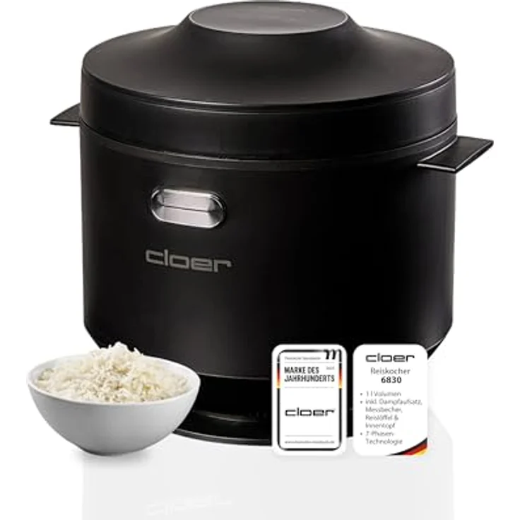 Cloer 6830 Reiskocher, 1 l mit Dampfaufsatz, 7-Phasen-Technologie, Warmhaltefunktion bis 24 h, spülmaschinengeeignet, 350 W – Bild 1