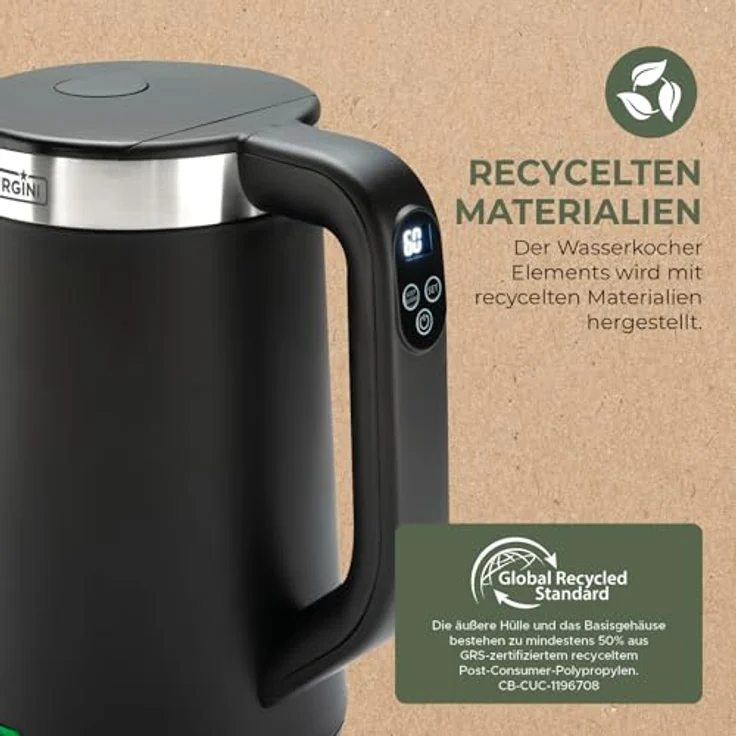 Bourgini Elements, Digitaler Wasserkocher, 1,7 Liter, Schwarz, GRS-e recycelte Materialien, präzise Temperaturwahl, Warmhaltefunktion – Bild 7
