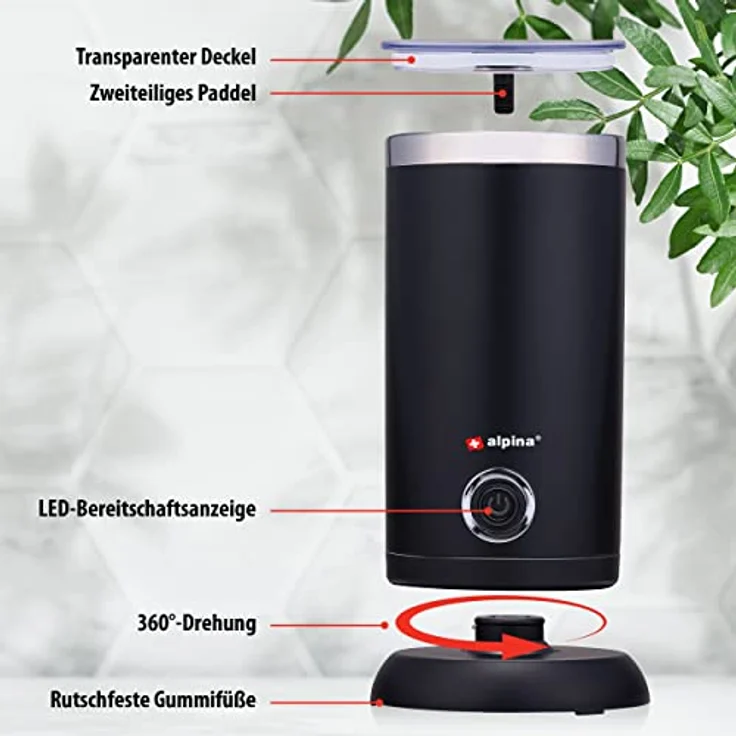 alpina Milchaufschäumer - 230V/450W - 3-in-1 Milchschäumer - 300 ML - Kalter und Heißer Milchschaum - Erhitzen von Milch bis zu 65°C - Antihaftbeschichtung - Schwarz – Bild 4