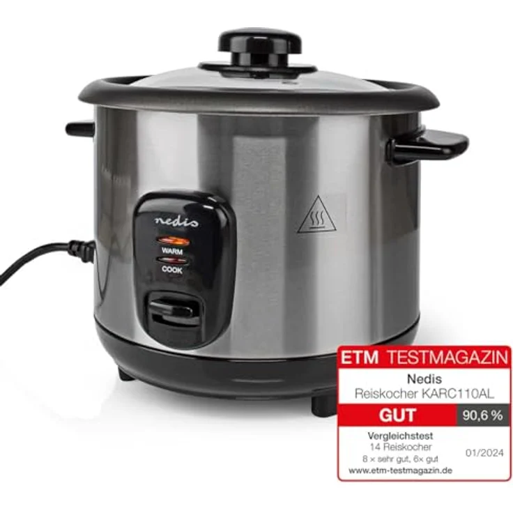 Nedis KARC110AL Reiskocher, 1 l, 400 W, Antihaftbeschichtung, Herausnehmbare Schüssel, Automatische Abschaltung, silber – Bild 2