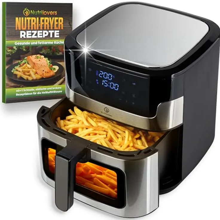 Nutrilovers Heißluftfritteuse NUTRI-FRYER EDELSTAHL XXL, 8L, 2000W, mit LED Touch Display, Double Heating Technologie, Sichtfenster, fettarm, inkl. Rezepte