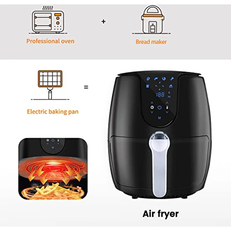 Heißluftfritteuse mit 6 Verschiedenen Kochprogrammen 1500W Fritteuse mit Rezeptbuch LED-Touchscreen Heissluftfritteuse ohne Öl, einfach zu reinigen – Bild 4