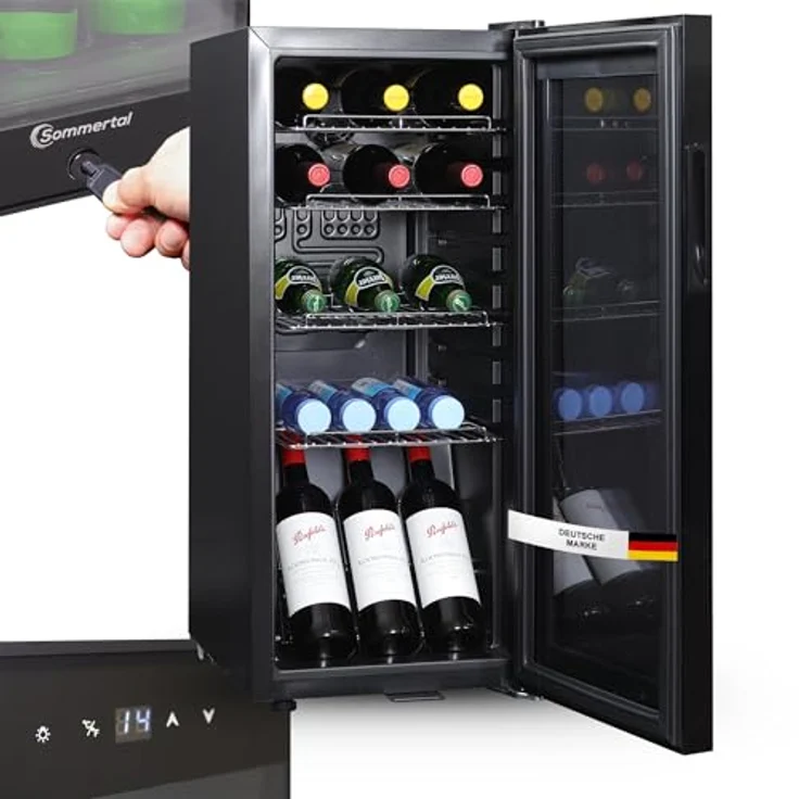 Sommertal Kühlschrank GK60, 60L Getränkekühlschrank mit Glastür, Touchscreen, LED-Beleuchtung und Schloss, schwarz – Bild 1