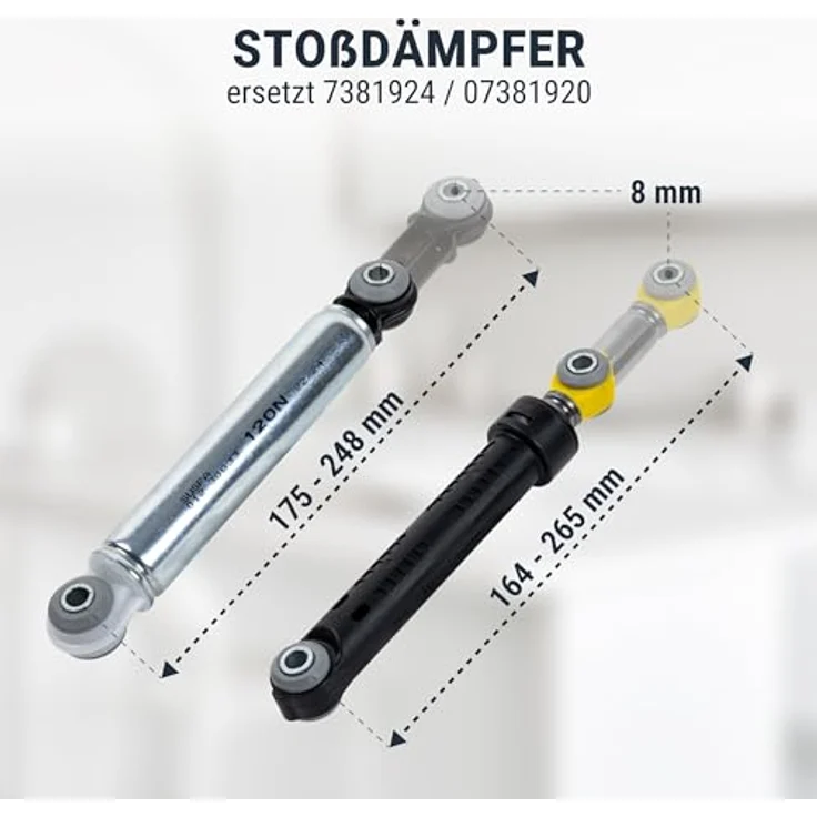 ersatzteilshop basics 3 Stück SUSPA Stoßdämpfer 7381924 kompatibel mit Miele Waschmaschine, 8mm Bohrung, 120N/75N, Vibrationsdämpfer für Waschmaschinen – Bild 2