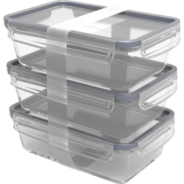Rotho Kühlschrankdose Glas CLIC & LOCK 1,3 L, 3er Set horizon blau, Borosilikat-Glas, backofen- und mikrowellengeeignet, spülmaschinenfest