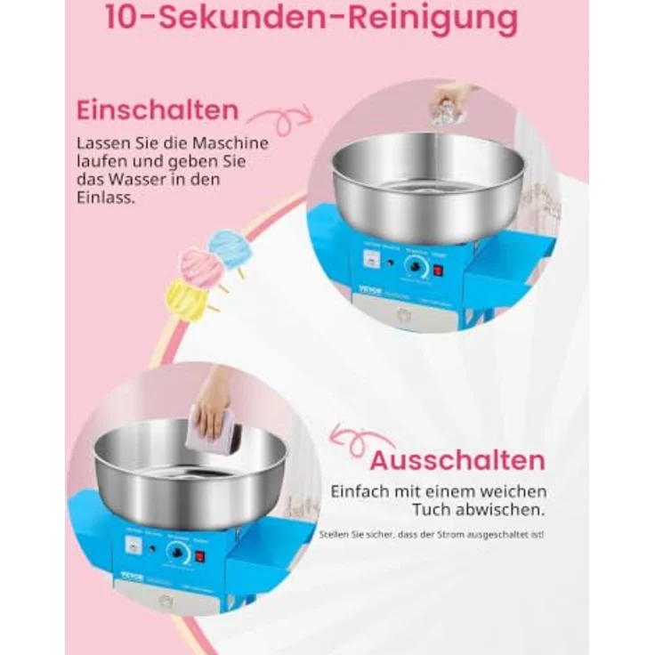 VEVOR elektrische Zuckerwattemaschine, kommerzielles Gerät mit 1000 W, 52 cm Edelstahlschüssel, Wagen, Zuckerschaufel & Schublade, blau – Bild 4