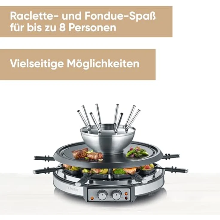 SEVERIN RG 2348 Raclette-Fondue Kombination ca. 1900 W, XXL-Zuleitung, Inkl. Fondue-Topf aus Edelstahl und 8 Pfännchen – Bild 2