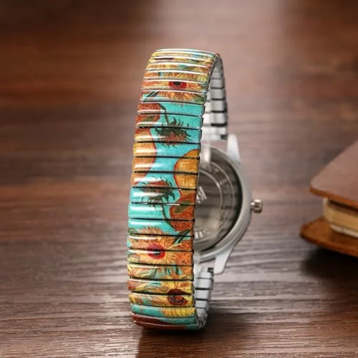JewelryWe Damenuhr Boho Elastische Armbanduhr, Analog Quarz mit Van Goghs Sonnenblumen, Edelstahl Stretcharmband, große Ziffern, für Handgelenke 18-22 cm, mit 1ATM Wasserschutz – Bild 5