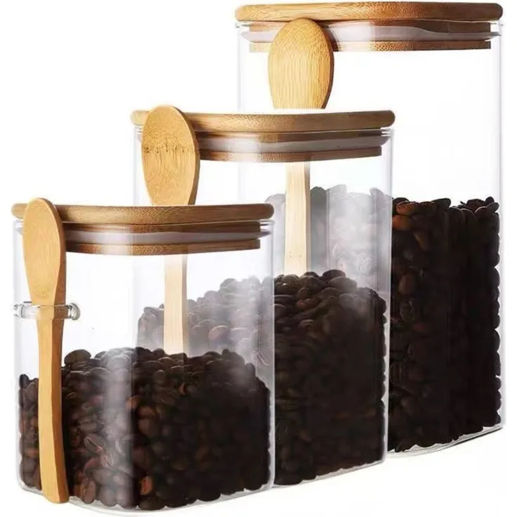 cheffinger 3-teiliges Vorratsdosen-Set aus Glas mit Bambusdeckel & Löffel, luftdicht und stilvoll, 900 ml, 1100 ml, 1500 ml