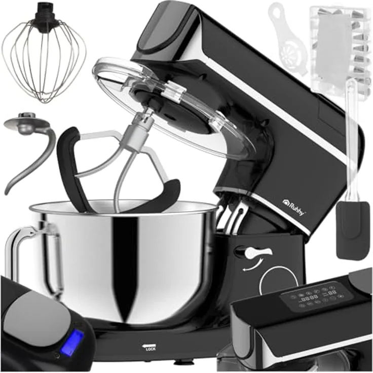 RUHHY Küchenmaschine mit beheizbarer Rührschüssel 5,5L – integrierte Waage, Timer & Display, 11 Geschwindigkeitsstufen, leise & leistungsstark für Brot, Pizza & Kuchen