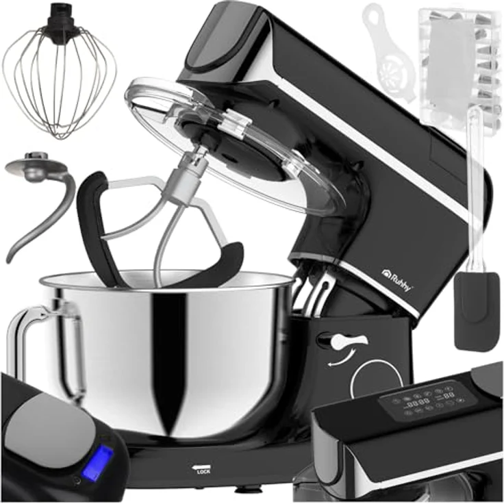 RUHHY Küchenmaschine mit beheizbarer Rührschüssel 5,5L – integrierte Waage, Timer & Display, 11 Geschwindigkeitsstufen, leise & leistungsstark für Brot, Pizza & Kuchen – Bild 1
