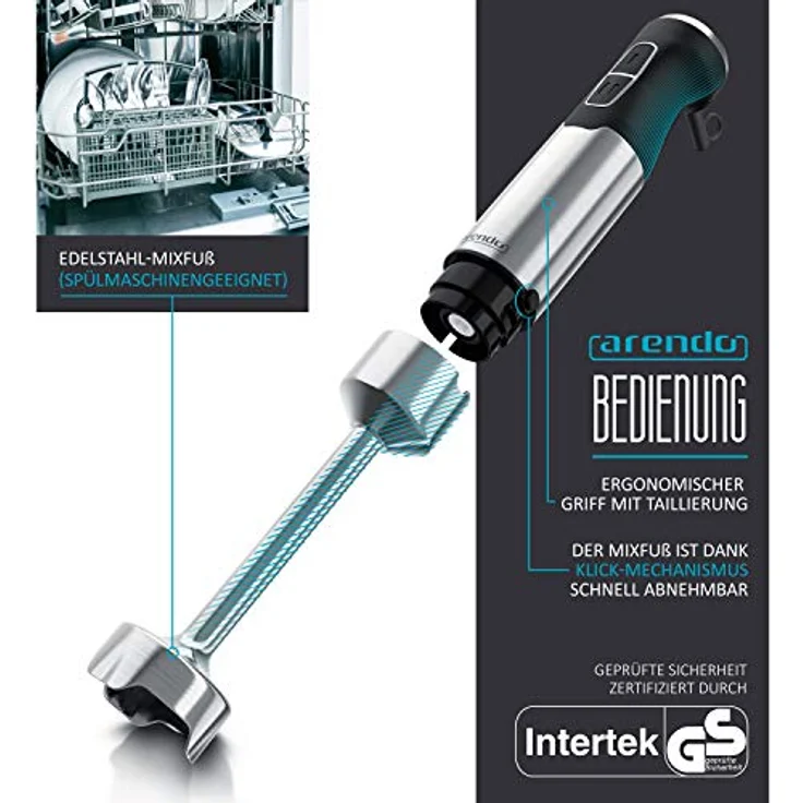 Arendo Stabmixer 1000 Watt Edelstahl - vierflügeliges Messer - Pürierstab - stufenlose Geschwindigkeitsregelung - Turbotaste - abnehmbarer Mixfuß - GS zertifiziert - Modell 2020 – Bild 3