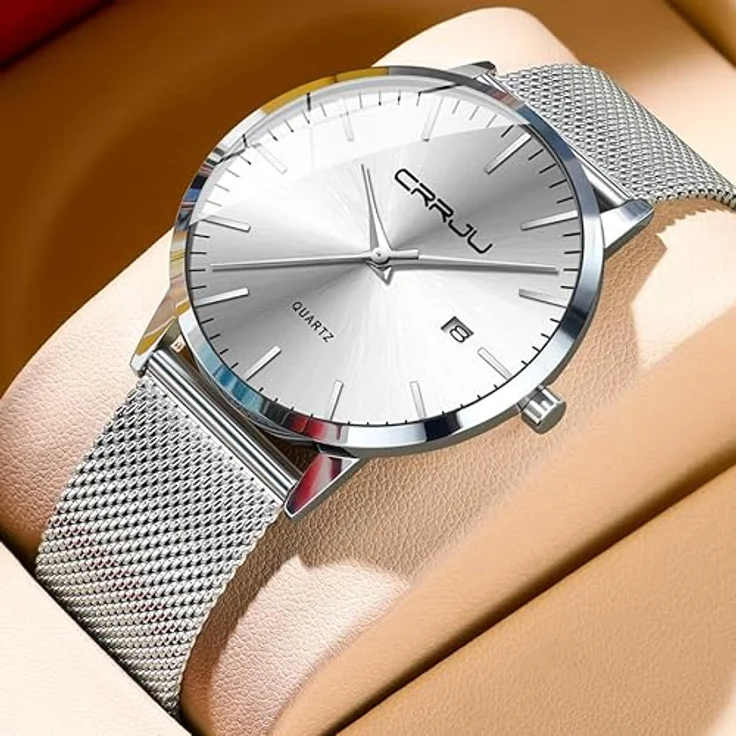CRRJU Ultra Dünne Herren Uhr, Wasserdicht mit Schwarz Edelstahlarmband Mesh, Analog Quarz, Business Stil, Silber – Bild 5