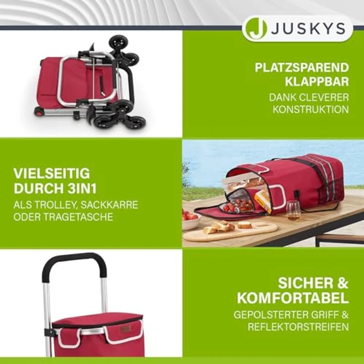 Juskys 3in1 Einkaufstrolley für Treppen - 56 L, modern & klappbar - Treppensteiger Trolley zum Shopping - Sackkarre & Tasche - Trolli Rot – Bild 3