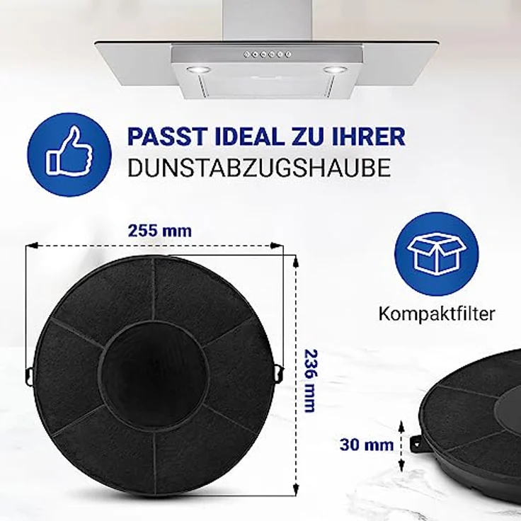 VIOKS Set 2x Dunstabzug Filter 236mmØ - Aktiv Kohlefilter für AEG, Electrolux, Whirlpool, Elica, Zanussi Dunstabzugshauben - Schwarz, rund, effektive Geruchs- und Fettbeseitigung – Bild 5
