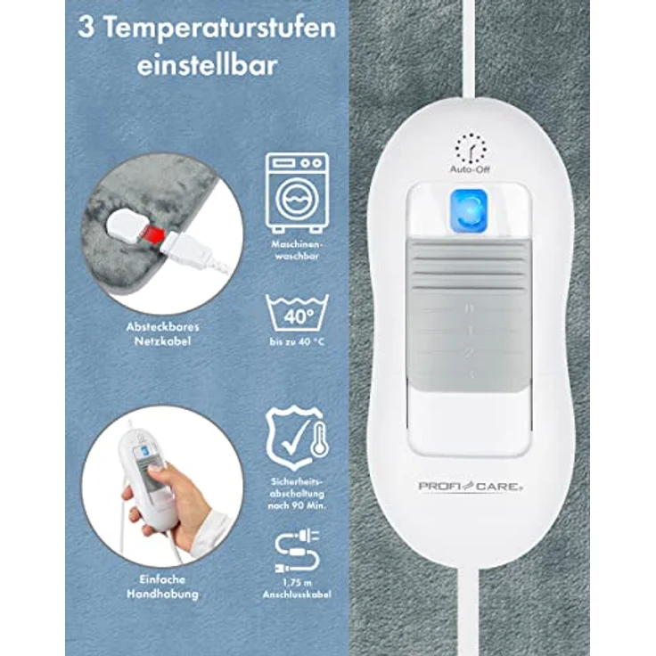 ProfiCare Rücken- Nackenwärmer, Wärmekissen Heizdecke mit Abschaltautomatik, extra langes Kabel, 3 Heizstufen und schnelle Erwärmung, Wärmedecke für Rücken Schulter Nacken PC RNH 3107, 331070, Grau – Bild 5