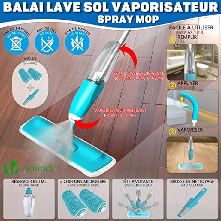 VOUNOT Wischer mit sprühfunktion, Sprühwischer mit 650ml Wassertank, Bodenwischer mit Sprühdüse, Spray Mop Wischmopp mit 2-Mikrofaserbezug, Blau – Bild 2