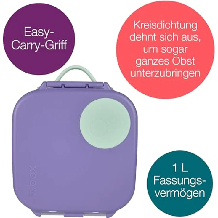 b.box Mini Brotdose für Kinder, Bento Box mit 3 Fächern (2 auslaufsicher), Platz für ganzes Obst, BPA-frei, Lilac Pop – Bild 2