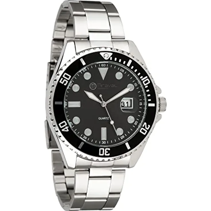 Miraval Herrenarmbanduhr mit Edelstahlarmband 43 mm Datumsanazeige Lupe Japanisches Quarzuhrwerk 21 mm breit Klassich Modern Männer Schwarz - Preisvergleich