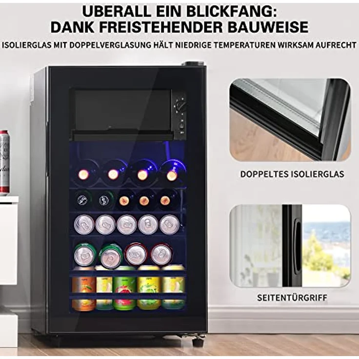 Merax 76L Kühlschrank, 70 l Kühl- und 6 l Gefrierkapazität, leise Kühlung, 51 Dosen Kapazität, anpassbare Einlegeböden, schwarzes Design, [Energieklasse F] – Bild 4