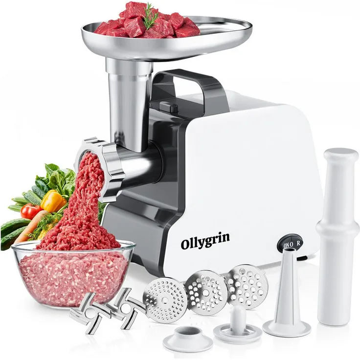 Ollygrin Elektrischer Fleischwolf, hochleistungs-Wurstfüller mit 350 W, max. 2300 W, Schwarz, inkl. 2 Klingen, 3 Lochscheiben und Wurstfüllrohr
