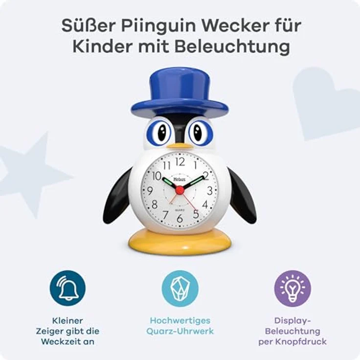 Mebus Kinderwecker 26514, Analoger Wecker mit Quarzuhrwerk, Pinguin-Motiv, Hintergrundbeleuchtung in Blau, Snooze-Funktion, Leuchtzeiger – Bild 3
