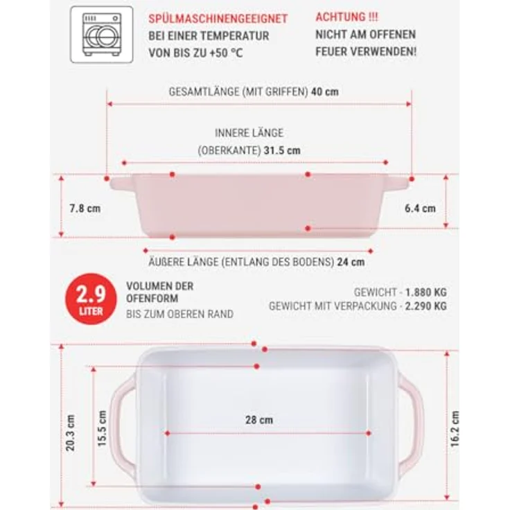 RESTO Kitchenware Auflaufform Fornax Backform Groß Hoher Rand Lasagneform Antihaftbeschichtet, Keramik, Rechteckig, rosa – Bild 3