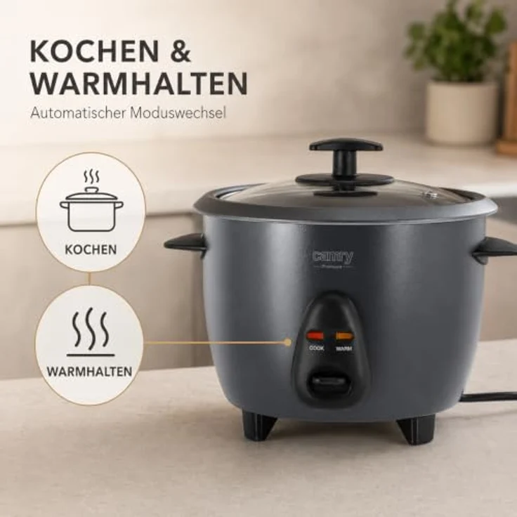 Camry CR 6419g Reiskocher grau, 1L, 400W, mit Koch- und Warmhaltemodus, Antihaft-Innenbehälter und Glasdeckel – Bild 4