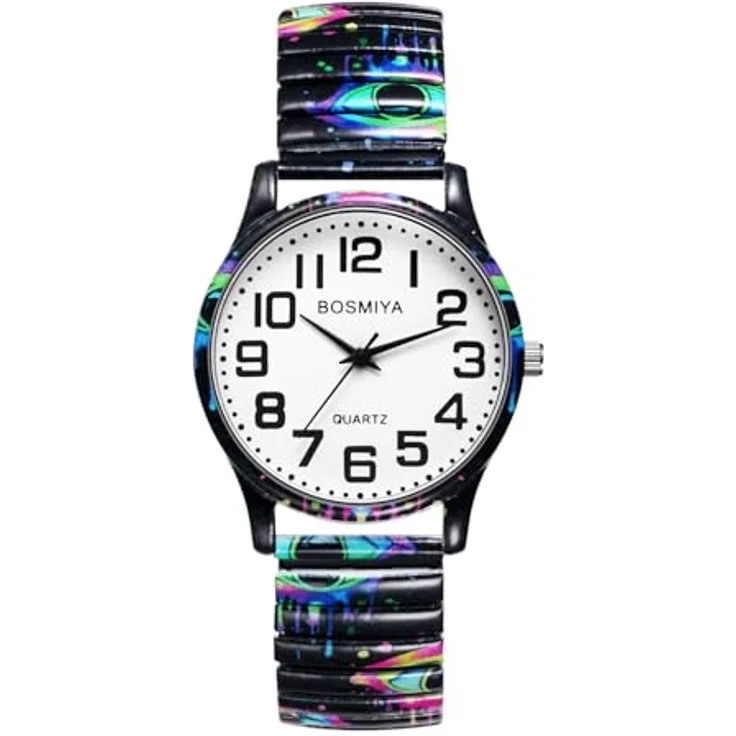 JewelryWe Damenuhr Halloween Teufelaugen, Elastische Quarz-Armbanduhr mit Edelstahl Stretcharmband und Großem Ziffernblatt, Ideal für Senioren und Halloween-Fans – Bild 1
