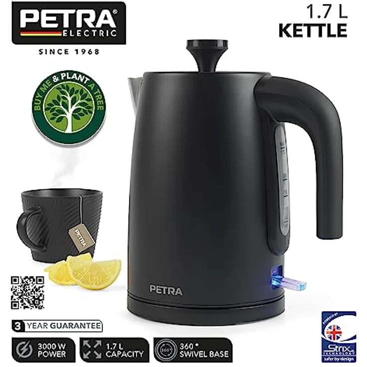 Petra PT5632MBLKVDE Elektrische Wasserkocher - schnelles Kochen, Fenster mit Wasserstandsanzeige, Anti-Kalk-Filter, Trockengehschutz, Strix-Controller, schwenkbare Basis, 1,7 L, 3000 W, Schwartz – Bild 2