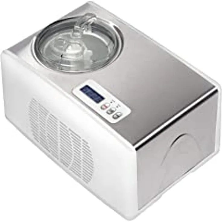 Melchioni Family | Eismaschine mit Kompressor FROSTY, Automatisch, Eiscreme in 60 Minuten, 150W, 1,5 L Fassungsvermögen, Eiscreme, Joghurt und Sorbets, Digitaler Timer, Herausnehmbarer Korb, Weiß