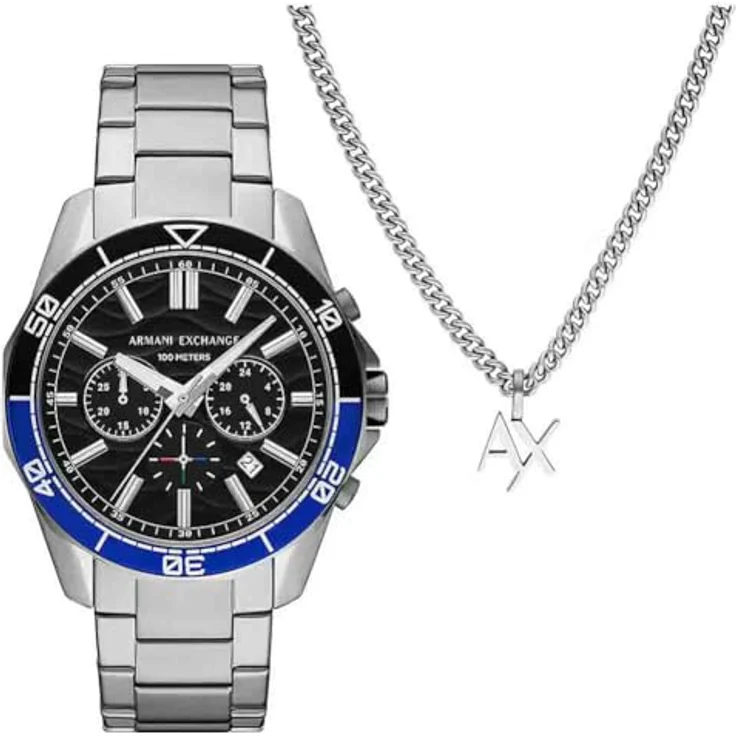 Armani Exchange Herren Analog Quarz Uhr mit Edelstahl Armband AX7166SET, 44mm Gehäuse, schwarzes Zifferblatt, silbernes Edelstahlband, wasserdicht bis 100m – Bild 1