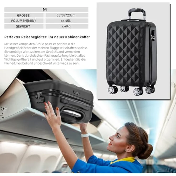BEIBYE Trolley Koffer Reisekofferset Hartschale Schwarz, 4 Zwillingsrollen, integriertes Sicherheits-Zahlenschloss, Höhenverstellbare Teleskopgriffe, Größen M (55x34x22cm) und XL/L mit Dehnungsfuge – Bild 3