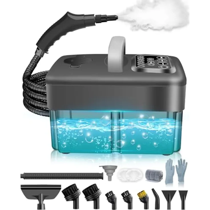 Mecmic Dampfreiniger Handgerät, 2500W, 120 °C Dampf, 1,6L Wassertank, 6-stufig einstellbar, 10 Zubehörteile, tragbar, für Boden, Polstermöbel, Fenster, Auto