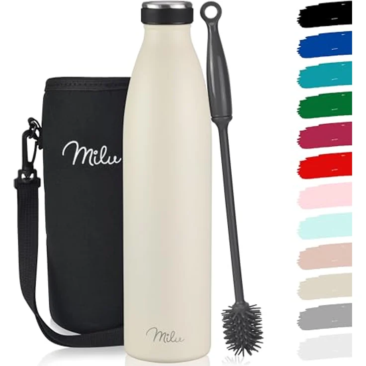 Milu Edelstahl Trinkflasche 1L, doppelwandig isolierte Wasserflasche in Buttercream, auslaufsicher und kohlensäuregeeignet – inkl. Reinigungsbürste – Bild 1
