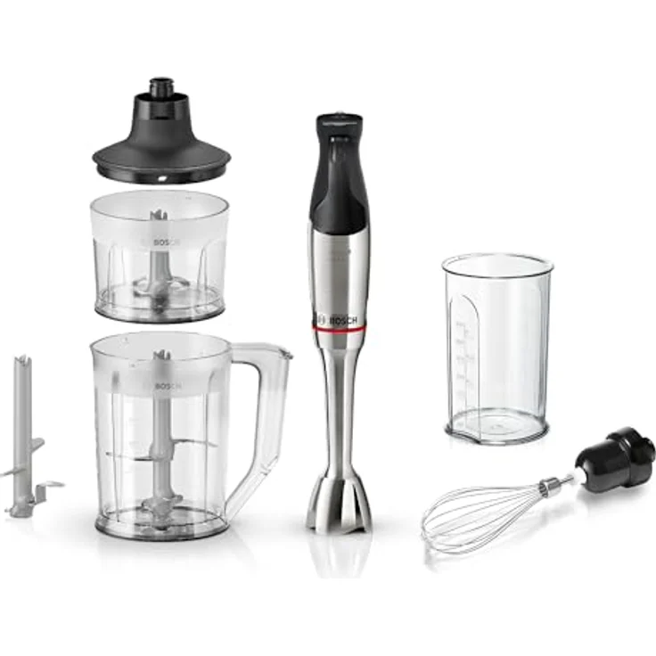 BOSCH Stabmixer ErgoMaster Serie 6 MSM6M652, 1000 W, Edelstahl, Zerkleinerer und Mixer mit Mixbecher und Schneebesen, Luftkühlung, 10 Jahre Motorgarantie – Bild 1