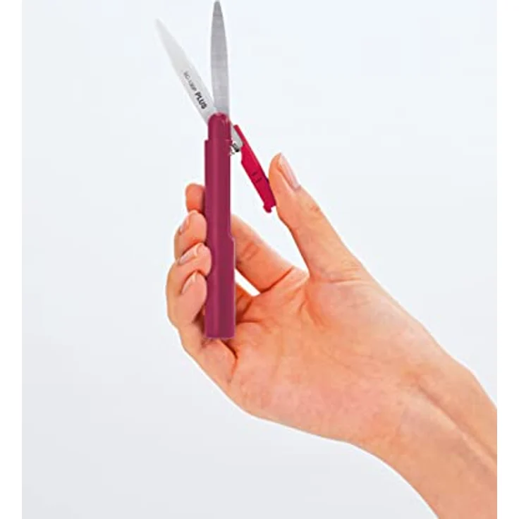 Reiseschere mit beschichteten Schneiden, Taschenschere antihaft, Sicherheitsverschluss mit Kappe, stiftform, Weinrot – Bild 3