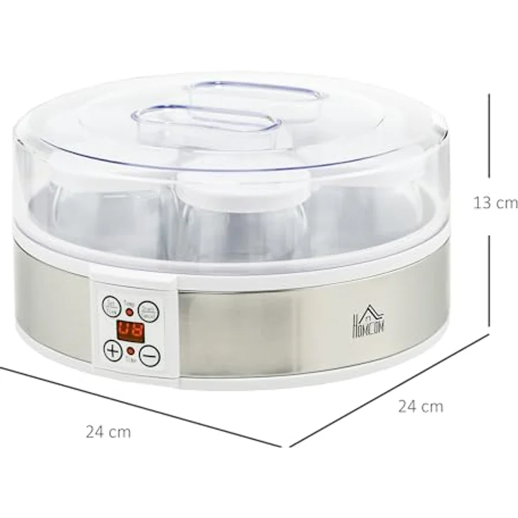 HOMCOM Joghurtbereiter, Joghurtmaschine mit Timer und Temperatur-Einstellung, 7 Glasbehälter je 180 ml, automatische Abschaltung, 20 W, Weiß – Bild 7