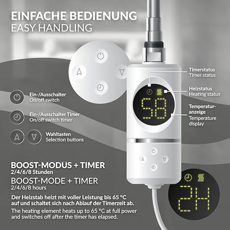 LuxeBath Heizstab 600W Weiß, mit Thermostat und LCD Bildschirm Temperaturregler, korrosionsbeständig, schnelle Aufheizzeit – Bild 4