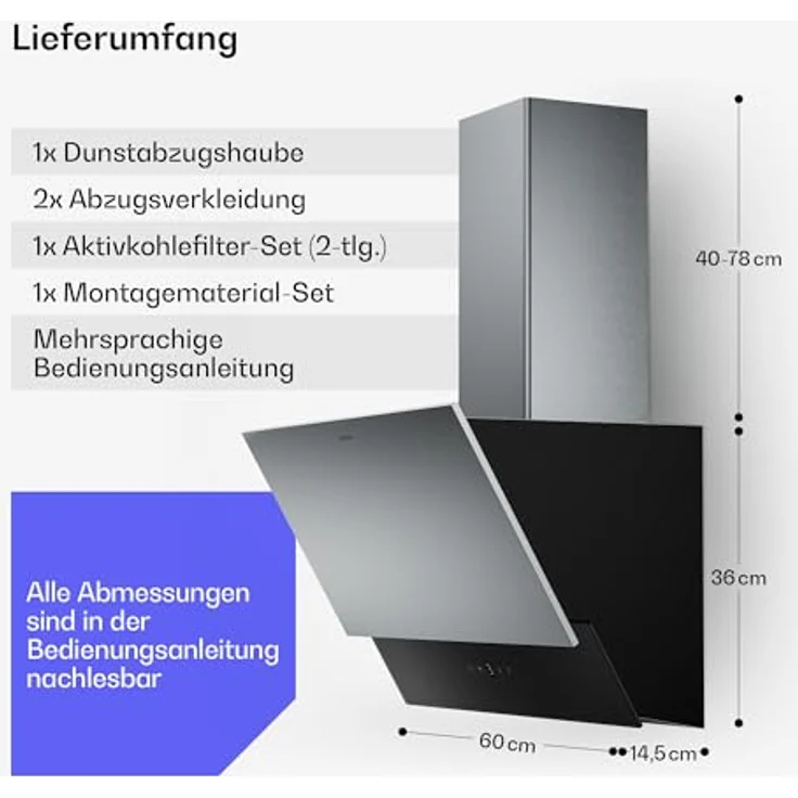 Klarstein Verosteel Dunstabzugshaube 60 cm, Kopffreihaube mit 624 m³/h, A++ Energieeffizienz, Touch-Bedienung, LED-Beleuchtung, leise, Edelstahl & schwarzes Glas, spülmaschinenfester Filter – Bild 8
