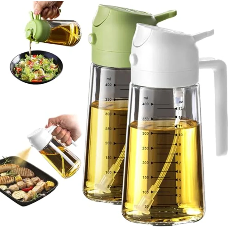 TrendPlain 16oz Ölsprüher für Speiseöl – 470ml Olivenöl Flasche mit präziser Ölkontrolle, 2-in-1 Funktion und sicherem Glasdesign (Weiß & Grün) – Bild 1
