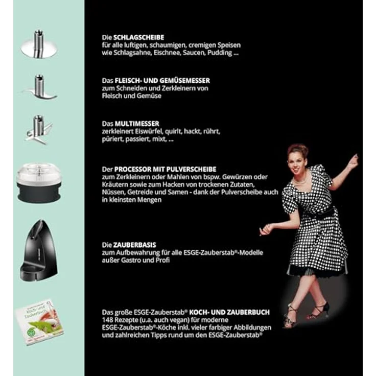 ESGE-Zauberstab Edition Petticoat 99205, Stabmixer, Pürierstab mit Zubehör, bis 16.000 U/Min, Flüssigkeitsmenge: ca. 10 l, 180 Watt, lebenslange Garantie – Bild 3