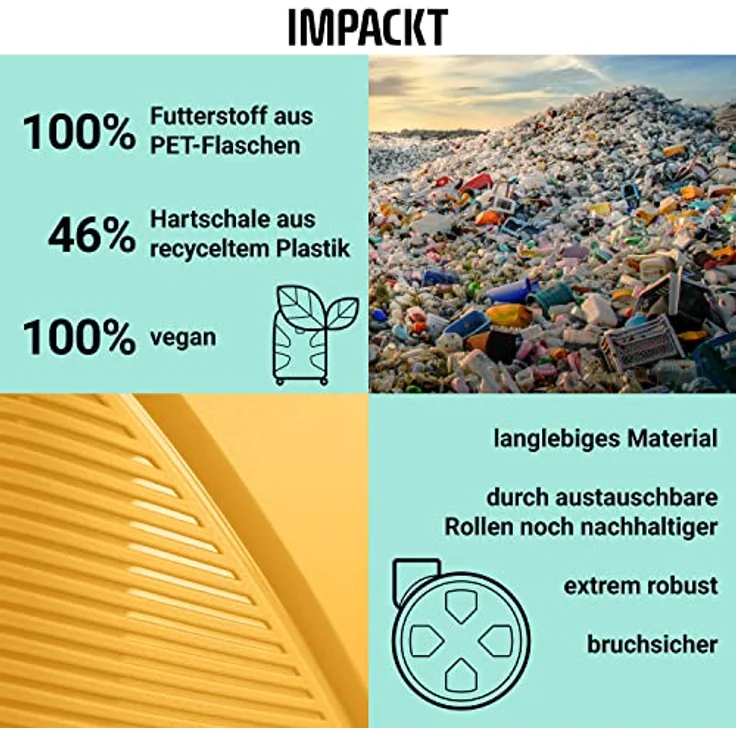 IMPACKT IP1 4-Rad Handgepäckkoffer aus recyceltem Material mit 6 Jahren Garantie; nachhaltiger Hartschalenkoffer mit austauschbaren klick-Rollen + USB Port; 55 cm, 2,8 kg, 38 Liter – Bild 4