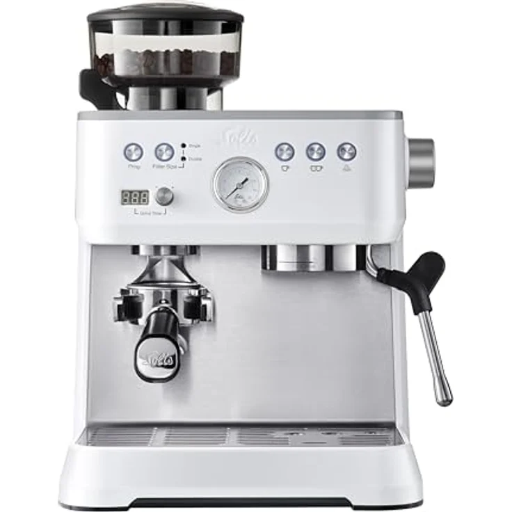 Solis Grind & Infuse Perfetta, Siebträger Kaffeemaschine 54 mm mit Milchaufschäumer und Bohnenmahlwerk, Schwarz/Silber/Weiß – Bild 1