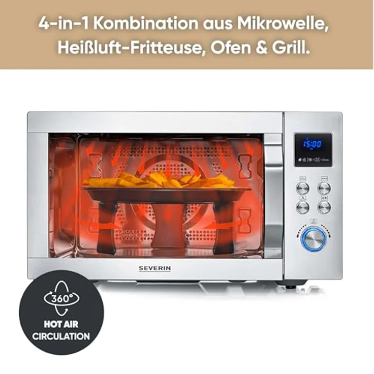 SEVERIN 4-in-1 Mikrowelle „Crispy Wave“, Heißluftfunktion bis 230°C, Heißluftfritteuse, Grill & Backofen, 25L, 2150 W, Silber/Edelstahl, MW 7982 – Bild 3