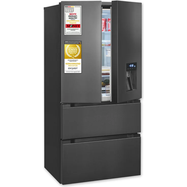 Exquisit FD490-160-WS-202E, Frenchdoor Kühlschrank, 506 Liter, Kühl-Gefrierkombination, No-Frost, Wasserspender, inoxlook-az