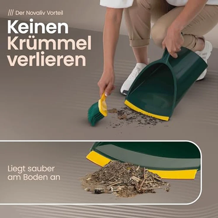Novaliv 5X Kehrgarnitur Jumbo, 2-tlg. Set aus Kunststoff in Grün und Gelb, Handfeger mit gebogenen Borsten und Kehrschaufel mit Gummilippe – Bild 3