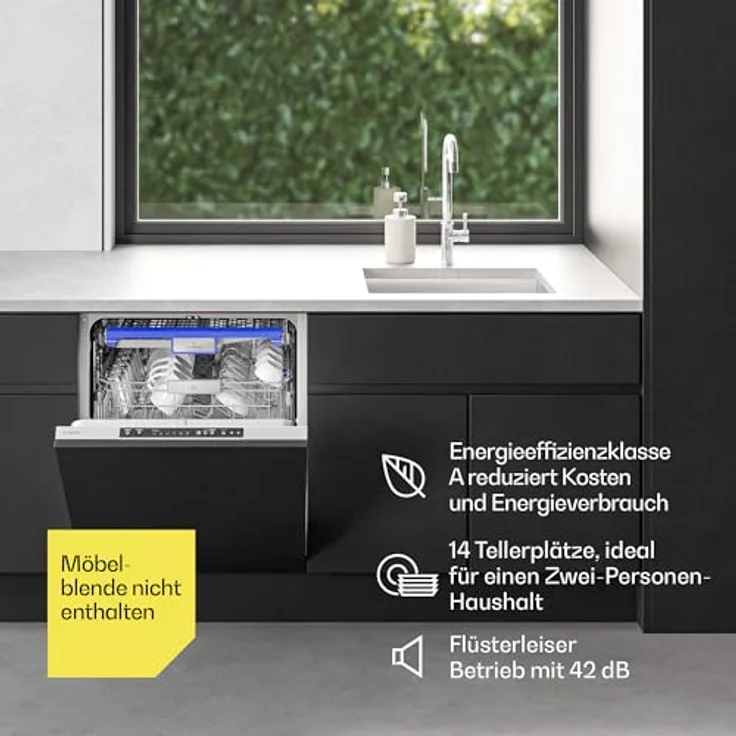 Klarstein Velaire, Vollintegrierte Spülmaschine 60cm mit 14 Plätzen, 6 Programmen, 42 dB, Energieeffizienz A, AquaStop – Bild 3